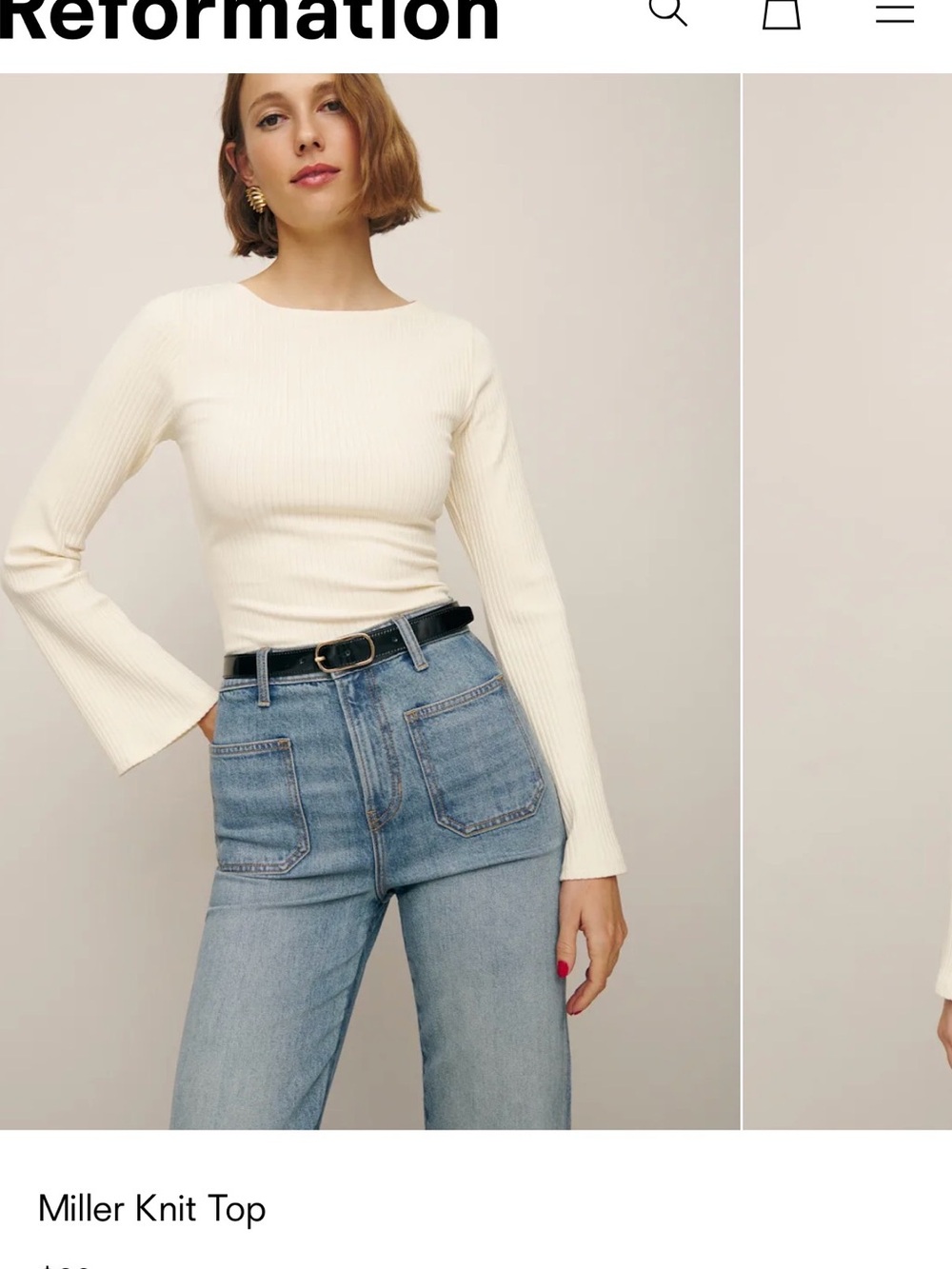 Reformation Cream Ribbed Bell-Sleeve Knit Top